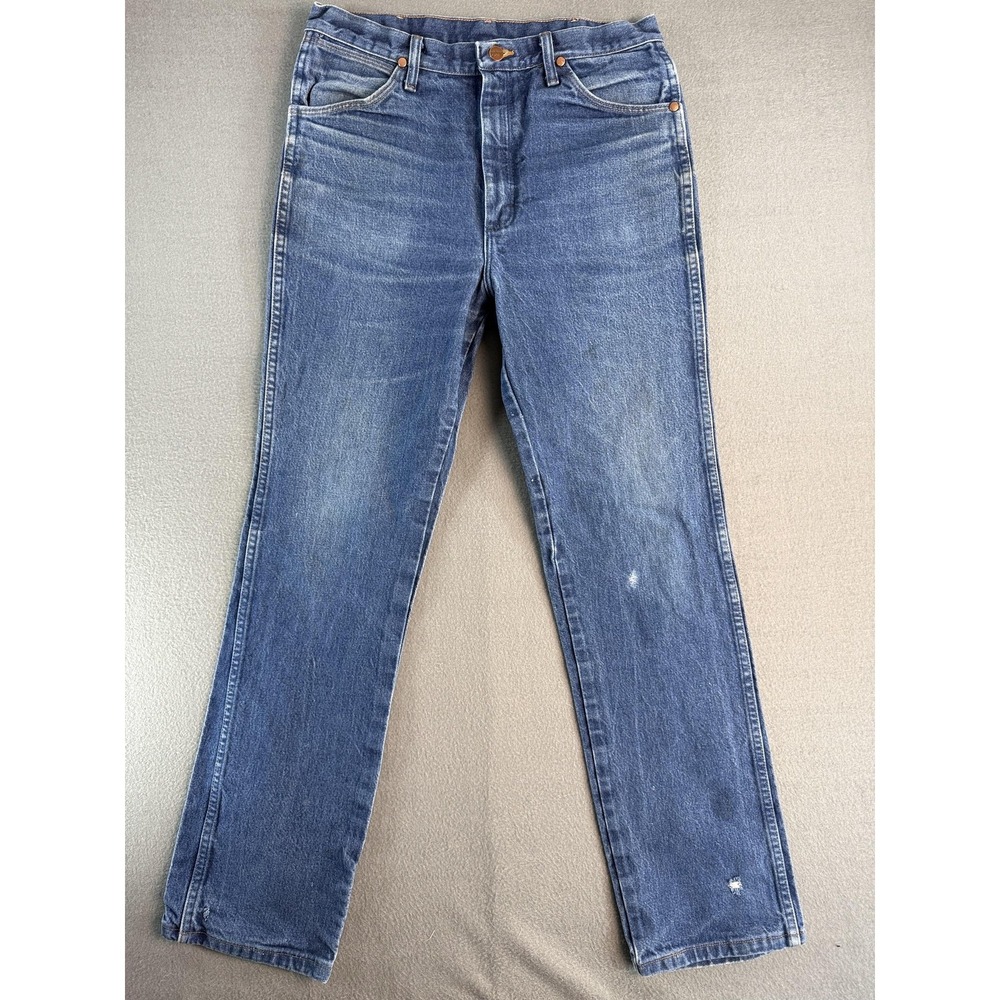 Wrangler 936DEN Jeans Mens 35x34 Med Wash Blue Slim Straight Distressed Denim